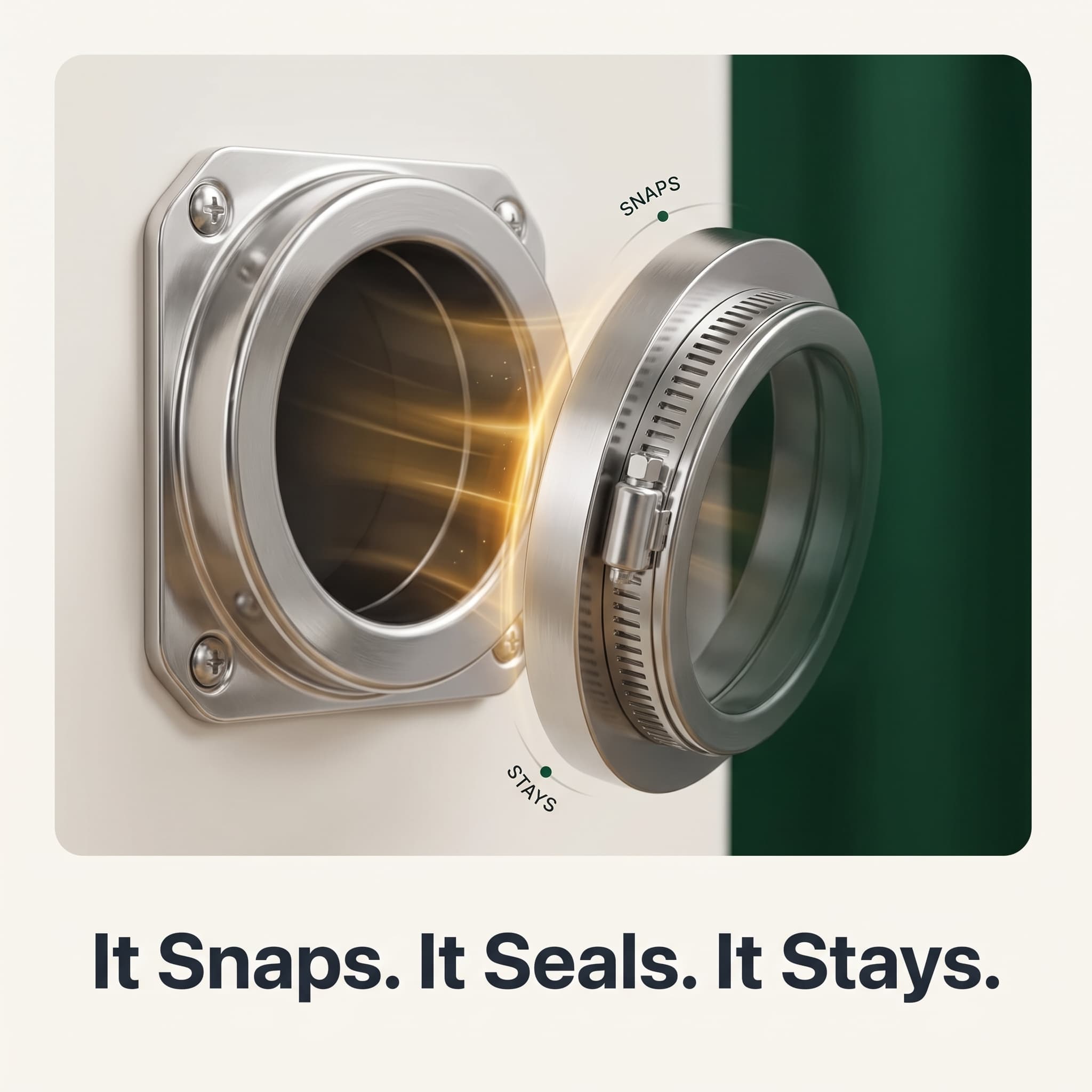 The self-aligning magnetic coupling snapping into the wall vent with an airtight seal — it snaps, it seals, it stays.