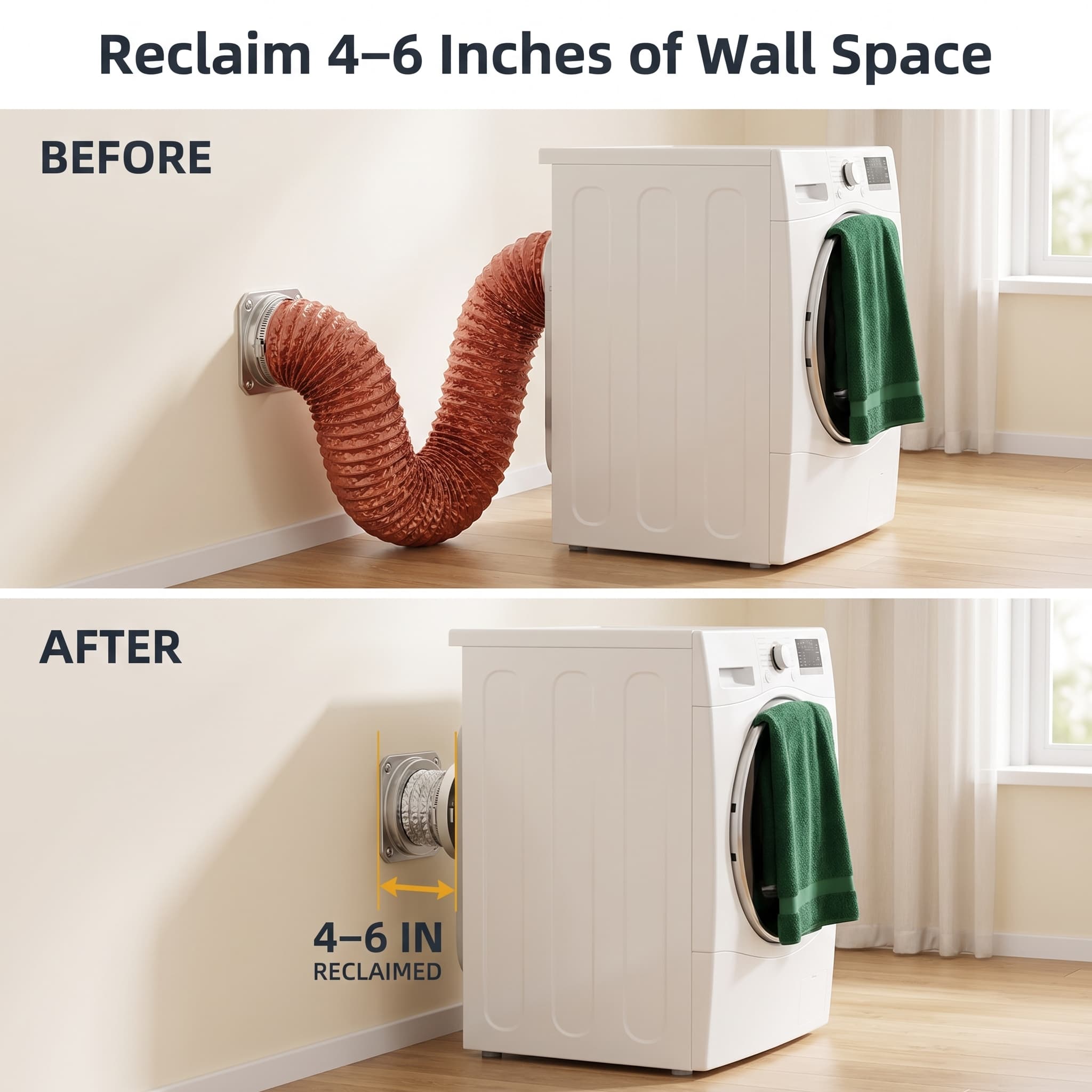 A dryer in a tidy laundry room with a tape measure marking the 4 to 6 inches of wall space reclaimed by the compact connection.