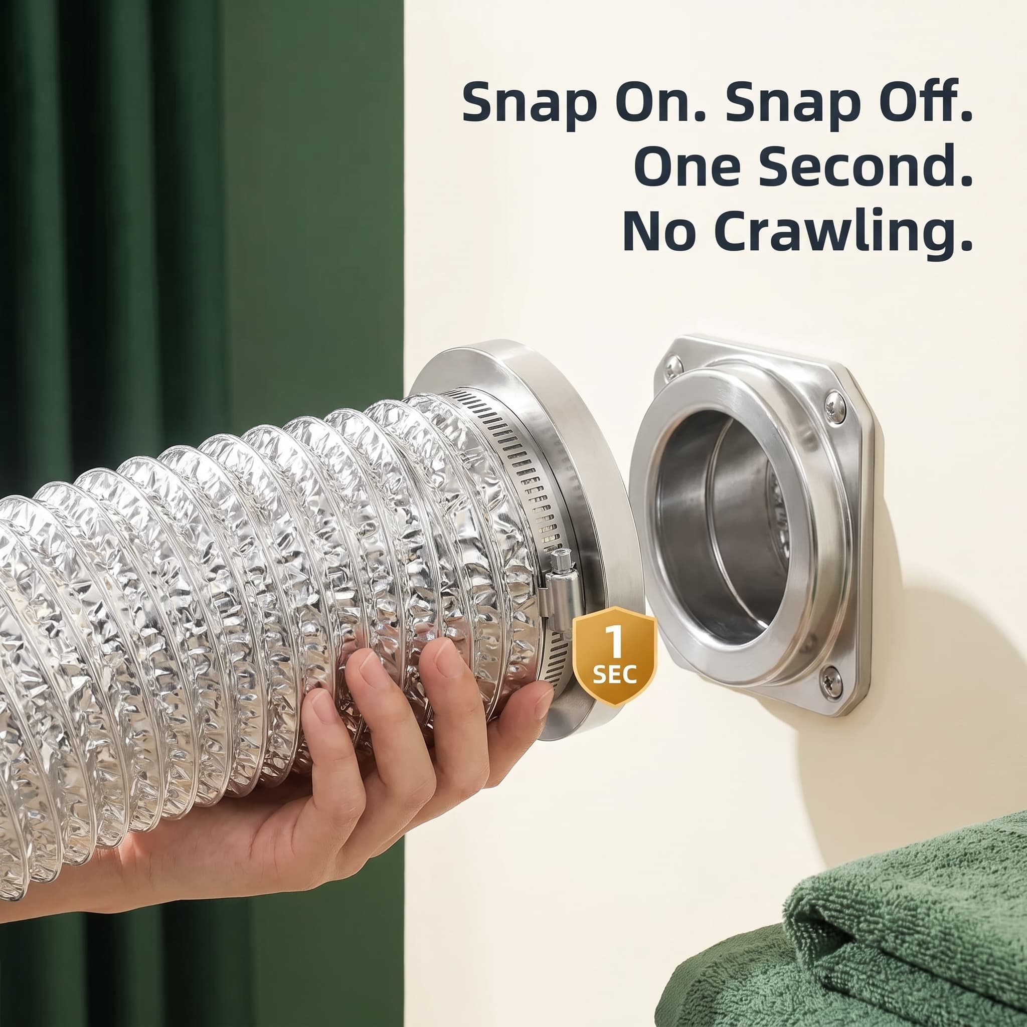 A hand releasing the magnetic dryer vent coupling from the wall in one second — snap on, snap off, no crawling.